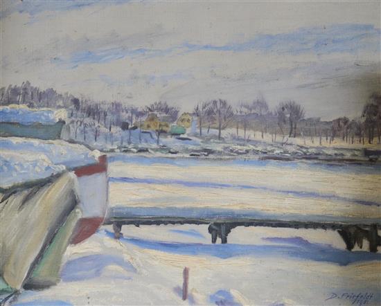 D. Friefeldt Winter lake under snow, Stockholm, 13.5 x 17in.